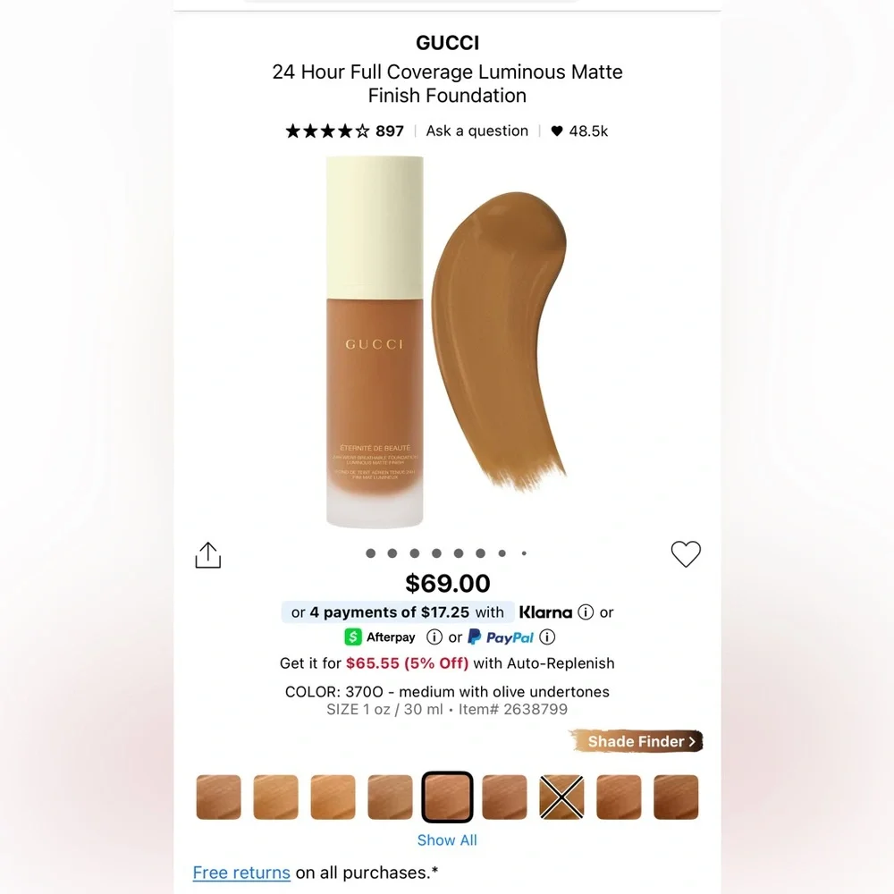 Gucci 24H Wear Breathable Foundation, Luminous Matte Finish in Shade 370O Medium